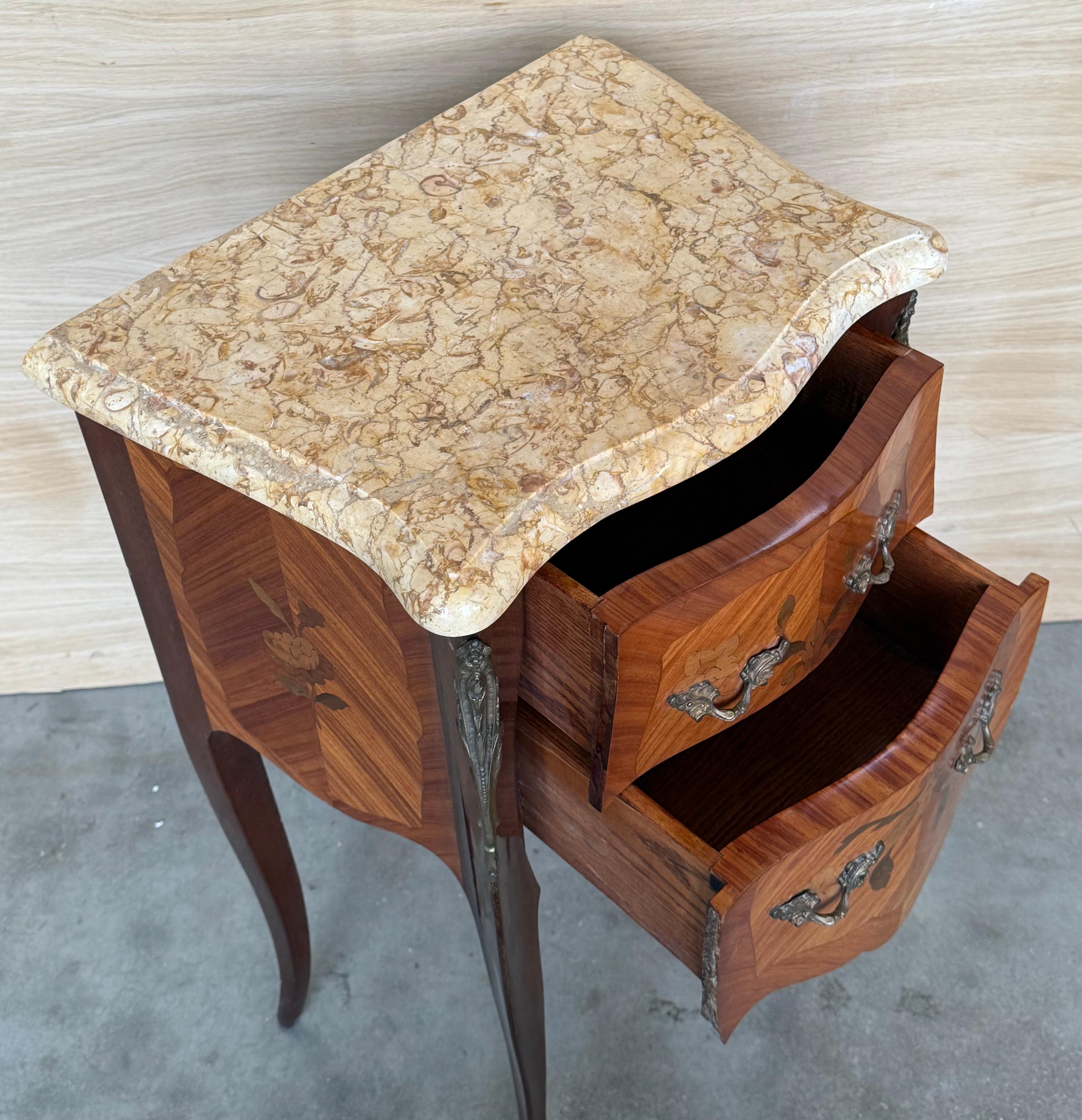 Pair Antique French Louis XV Marquetry Marble Top Nightstands with Two Drawers For Sale 3