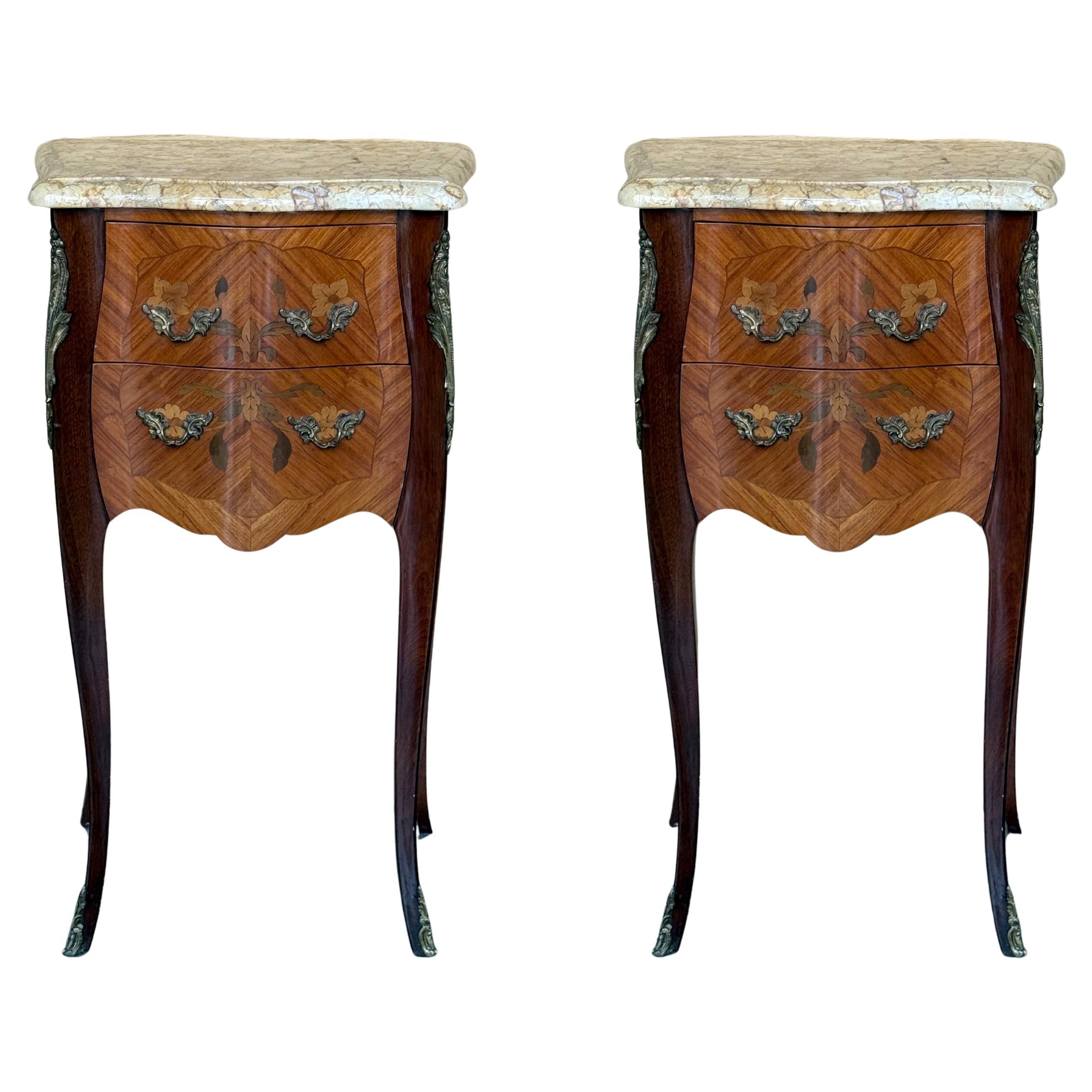 Pair Antique French Louis XV Marquetry Marble Top Nightstands with Two Drawers