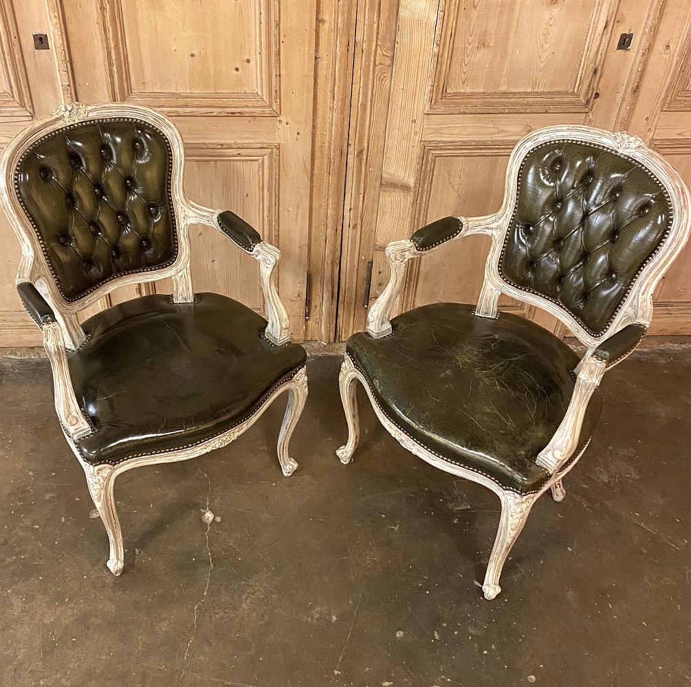 Pair Antique French Louis XV Painted Armchairs with Leather For Sale 5