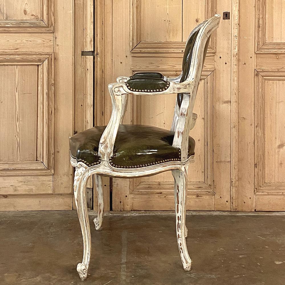 Pair Antique French Louis XV Painted Armchairs with Leather For Sale 8