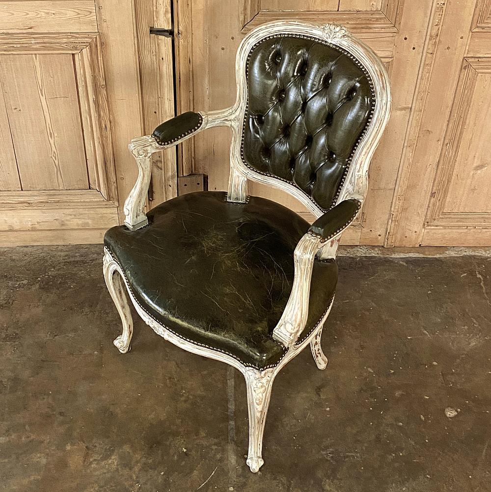 Pair Antique French Louis XV Painted Armchairs with Leather For Sale 9