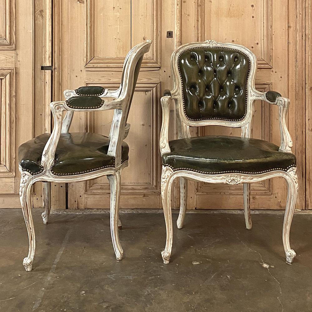 Hand-Crafted Pair Antique French Louis XV Painted Armchairs with Leather For Sale