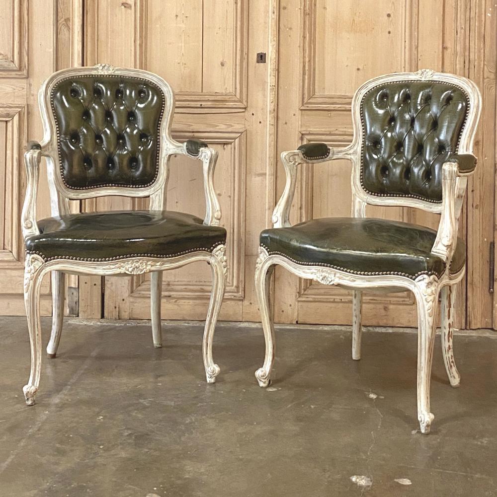 Pair Antique French Louis XV Painted Armchairs with Leather In Good Condition For Sale In Dallas, TX
