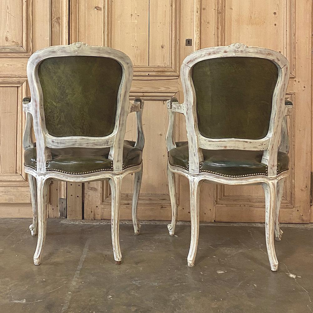20th Century Pair Antique French Louis XV Painted Armchairs with Leather For Sale