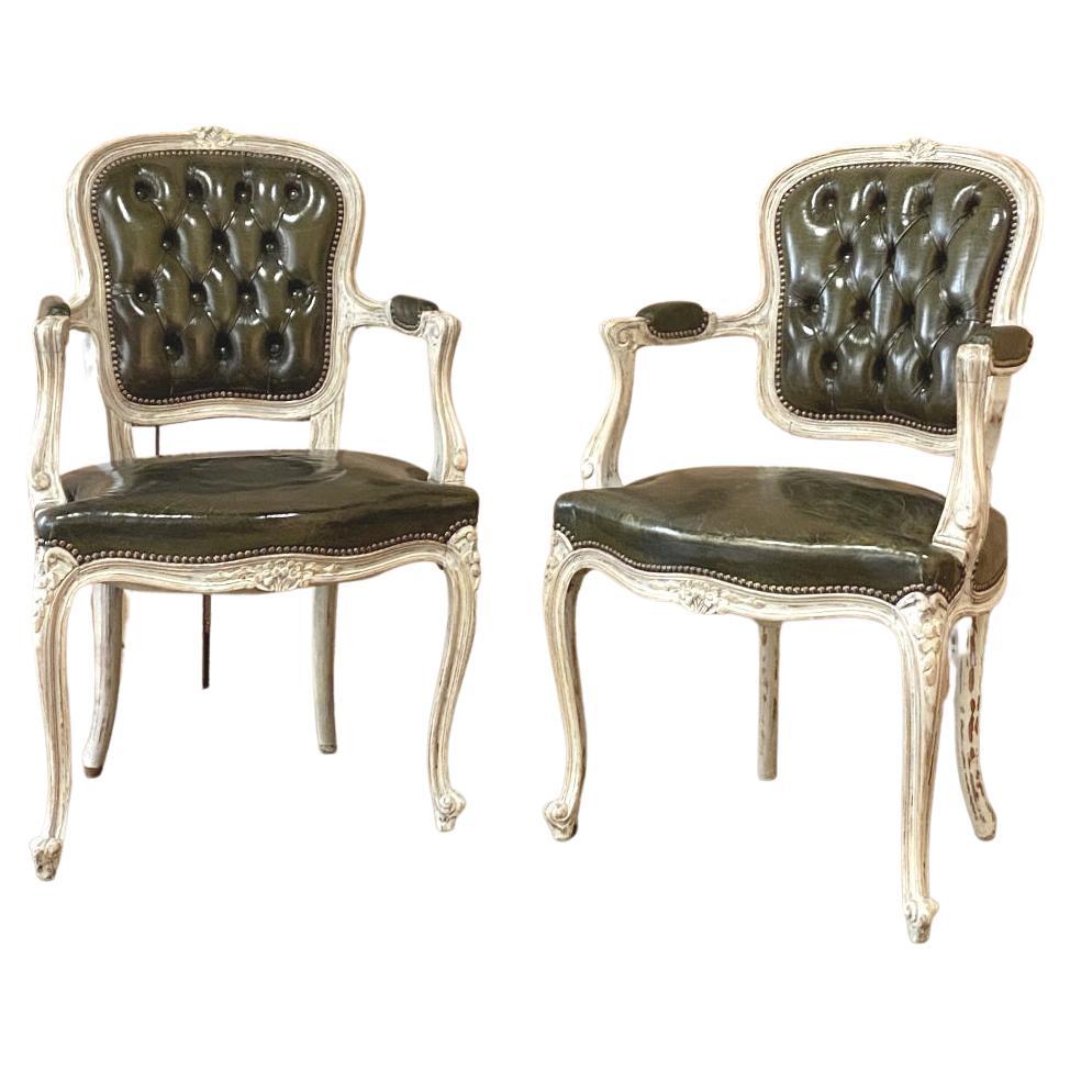 Pair Antique French Louis XV Painted Armchairs with Leather For Sale