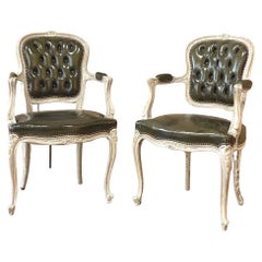 Pair Antique French Louis XV Painted Armchairs with Leather