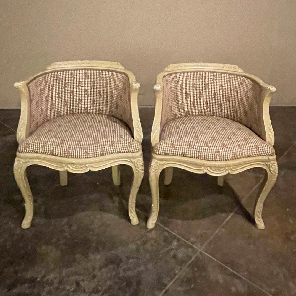 Pair antique French Louis XV painted bergeres ~ armchairs will add a delightful accent to your interior decor, plus surprisingly comfortable occasional seating. Featuring a wraparound seatback that transitions into the armrests, the seatback is