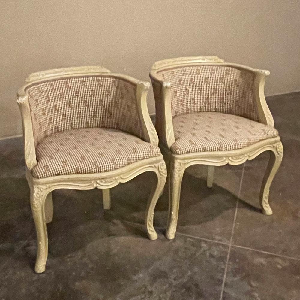 Hand-Crafted Pair Antique French Louis XV Painted Bergeres ~ Armchairs For Sale