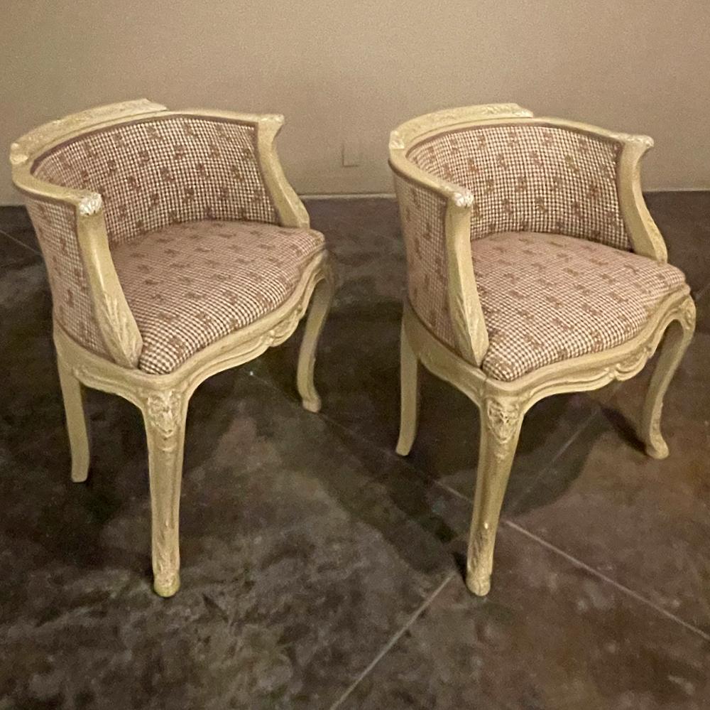 20th Century Pair Antique French Louis XV Painted Bergeres ~ Armchairs For Sale