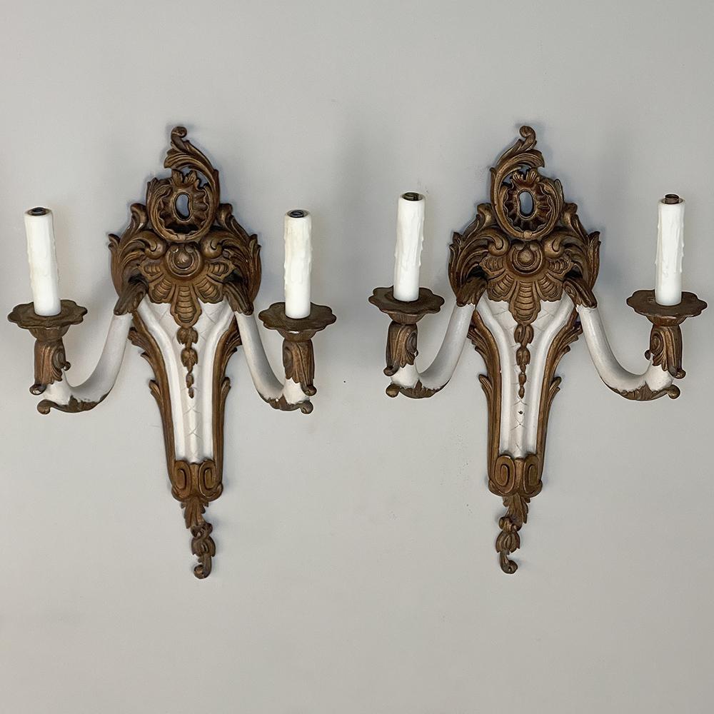 Hand-Carved Pair Antique French Louis XV Painted Wall Sconces For Sale