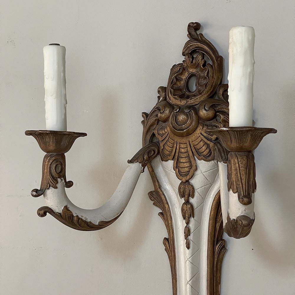 Wood Pair Antique French Louis XV Painted Wall Sconces For Sale