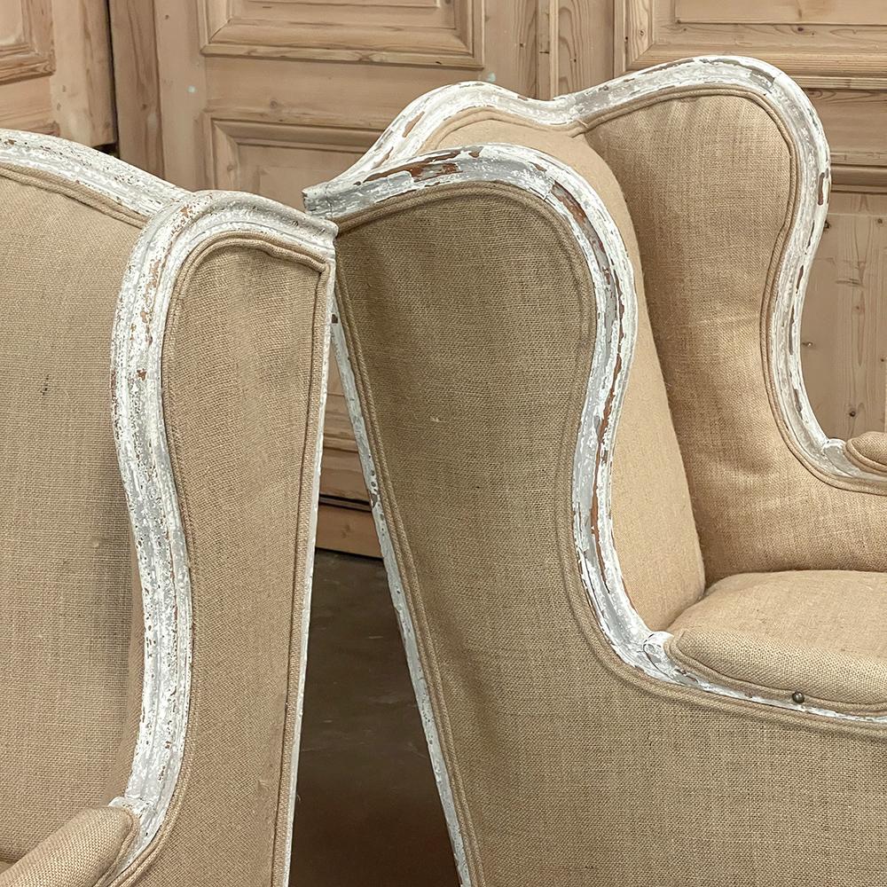 Pair Antique French Louis XV Painted Wingback Armchairs ~ Bergeres For Sale 4