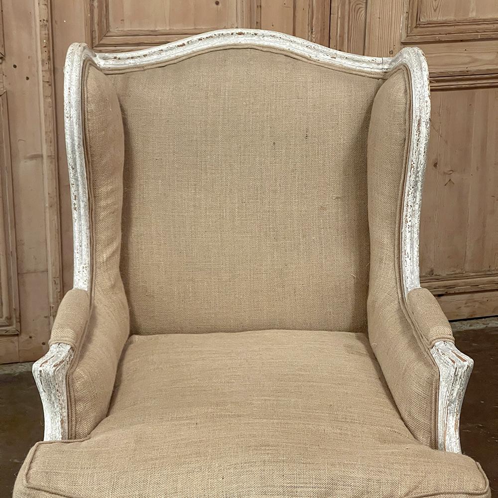 Pair Antique French Louis XV Painted Wingback Armchairs ~ Bergeres For Sale 7