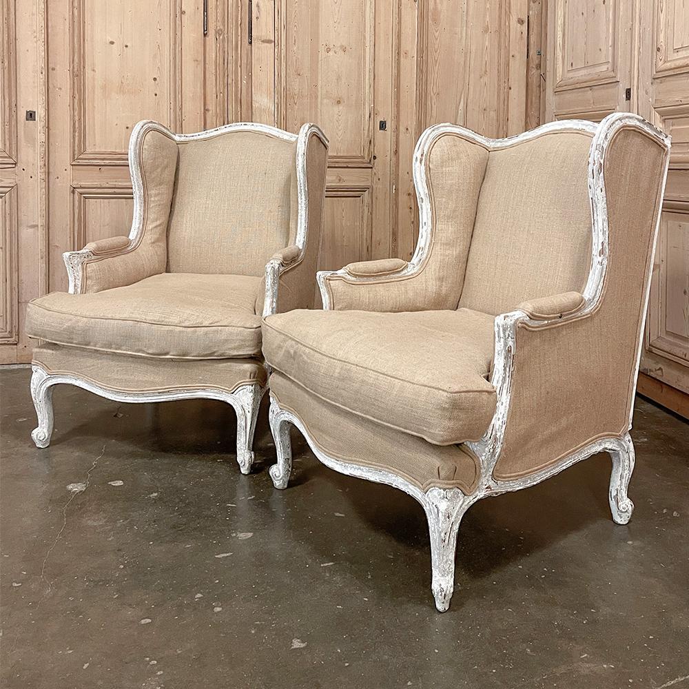 Hand-Crafted Pair Antique French Louis XV Painted Wingback Armchairs ~ Bergeres For Sale