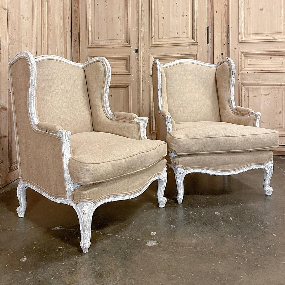 Pair Antique French Louis XV Painted Wingback Armchairs ~ Bergeres In Good Condition For Sale In Dallas, TX