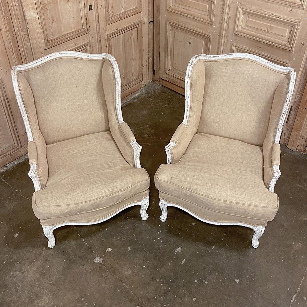 20th Century Pair Antique French Louis XV Painted Wingback Armchairs ~ Bergeres For Sale