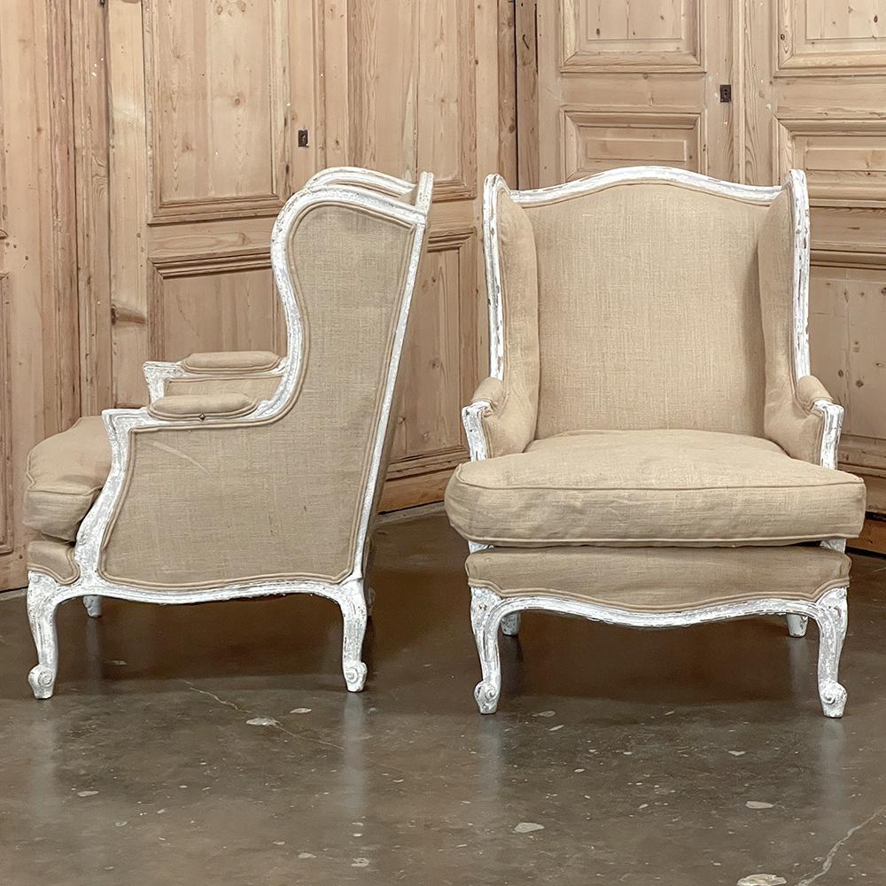 Linen Pair Antique French Louis XV Painted Wingback Armchairs ~ Bergeres For Sale
