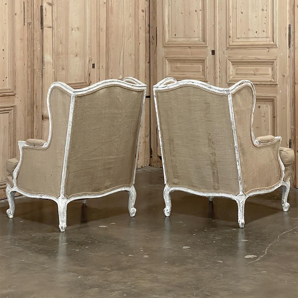 Pair Antique French Louis XV Painted Wingback Armchairs ~ Bergeres For Sale 2