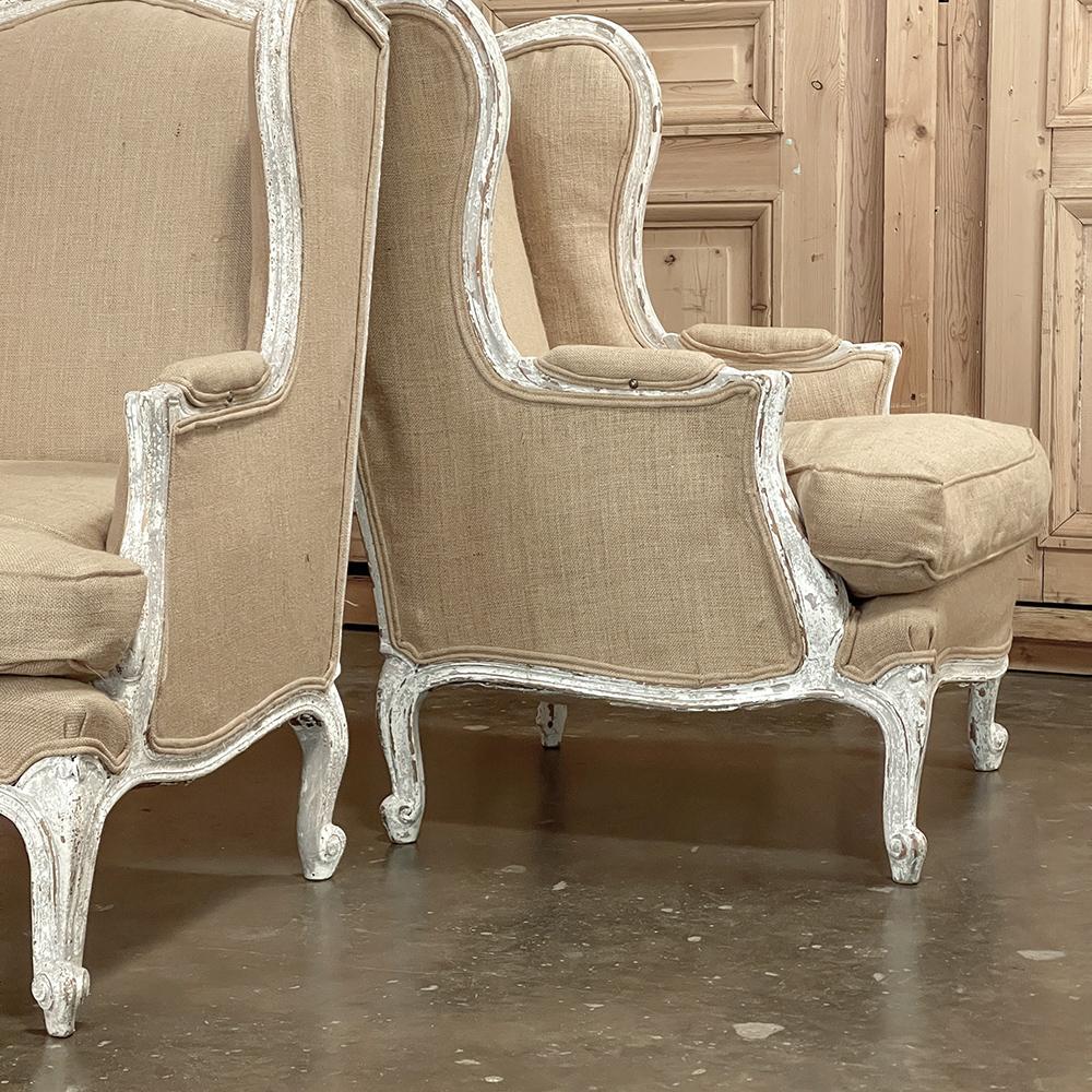 Pair Antique French Louis XV Painted Wingback Armchairs ~ Bergeres For Sale 3
