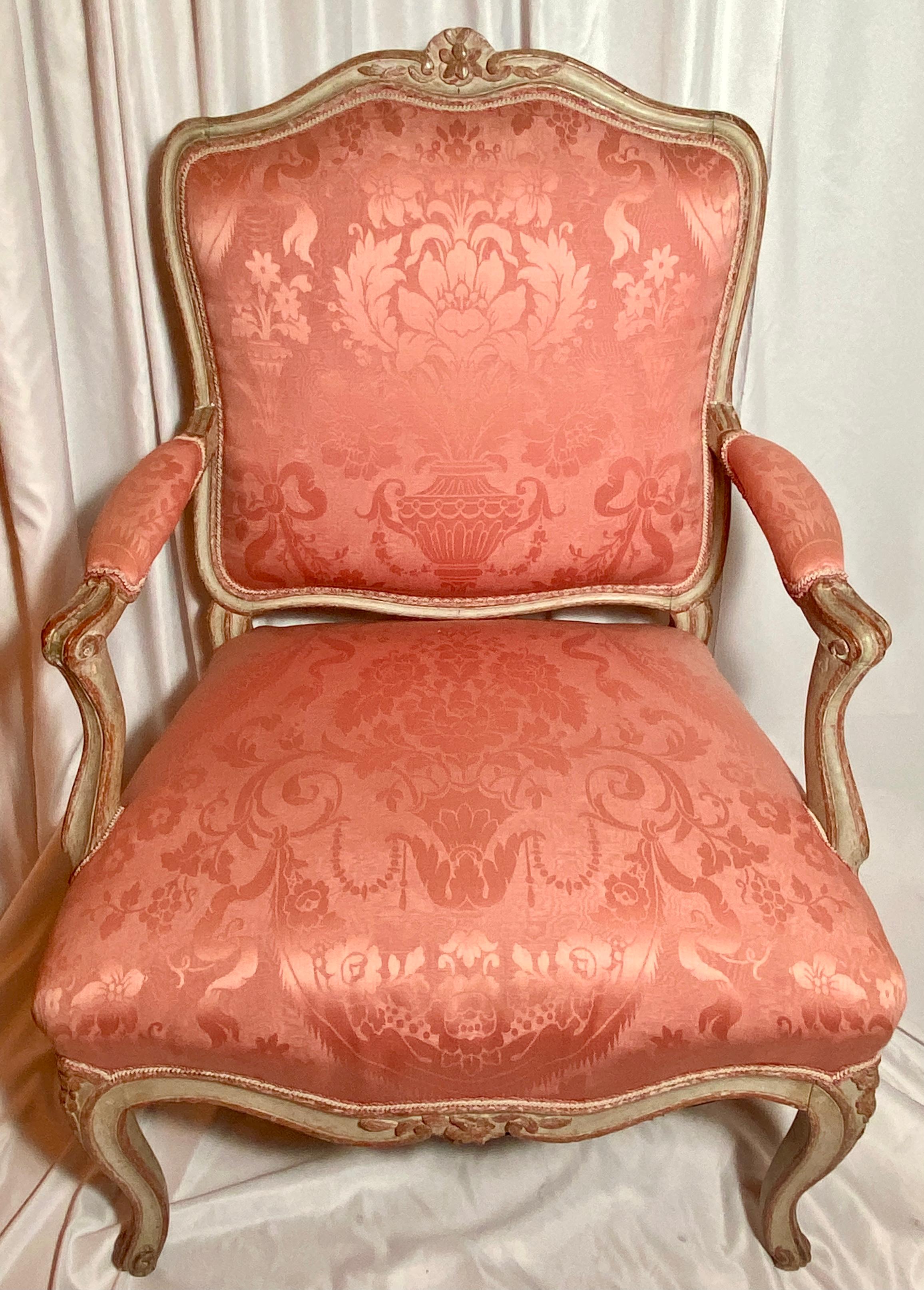Pair antique French Louis XV style pink upholstered 
