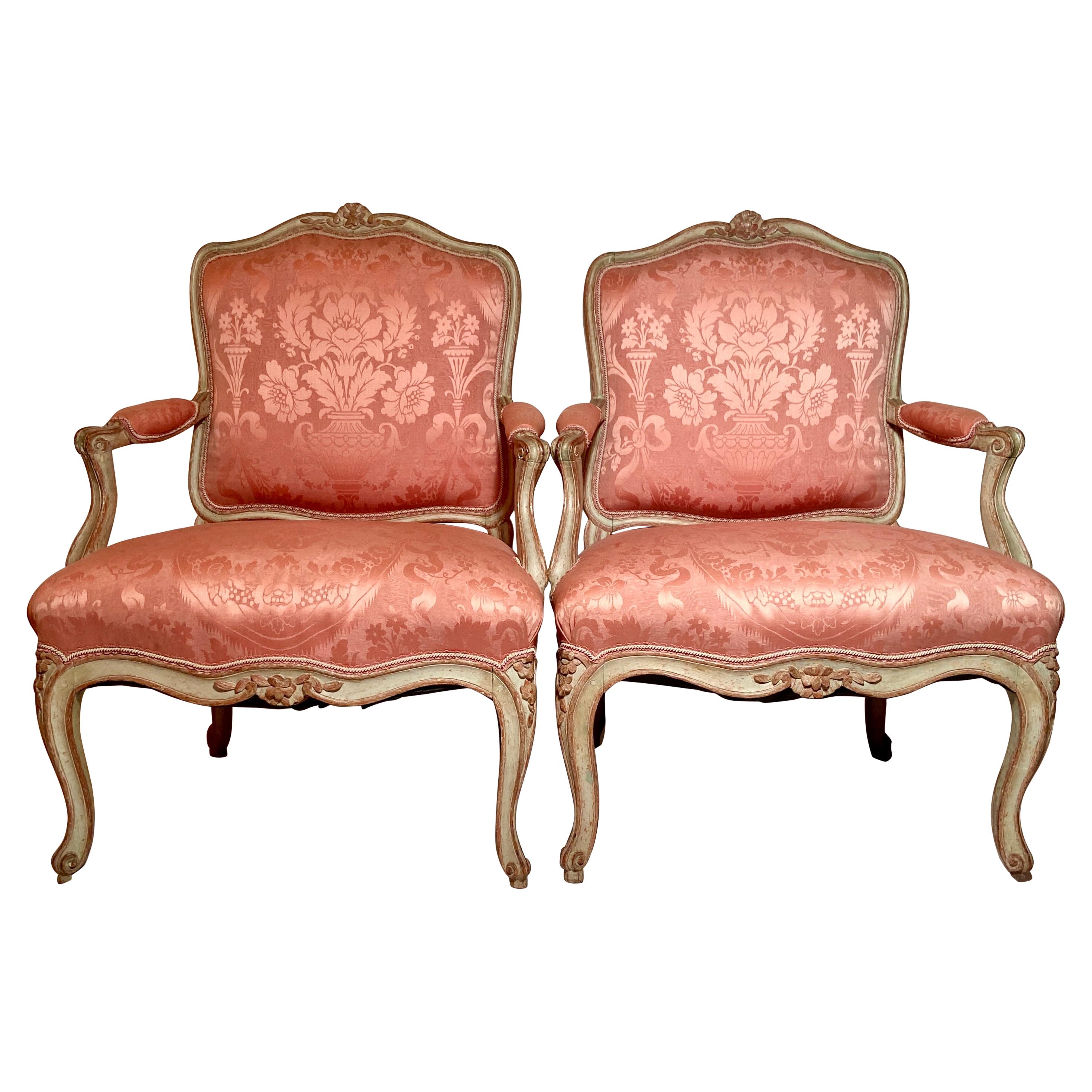 Pair Antique French Louis XV Pink Upholstered "Fauteuils" Armchairs, Circa 1890.