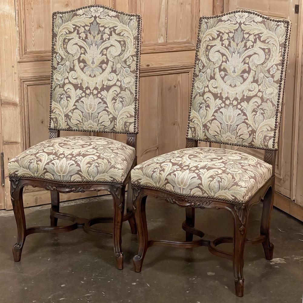 Hand-Carved Pair Antique French Louis XV Side Chairs with Tapestry Upholstery For Sale