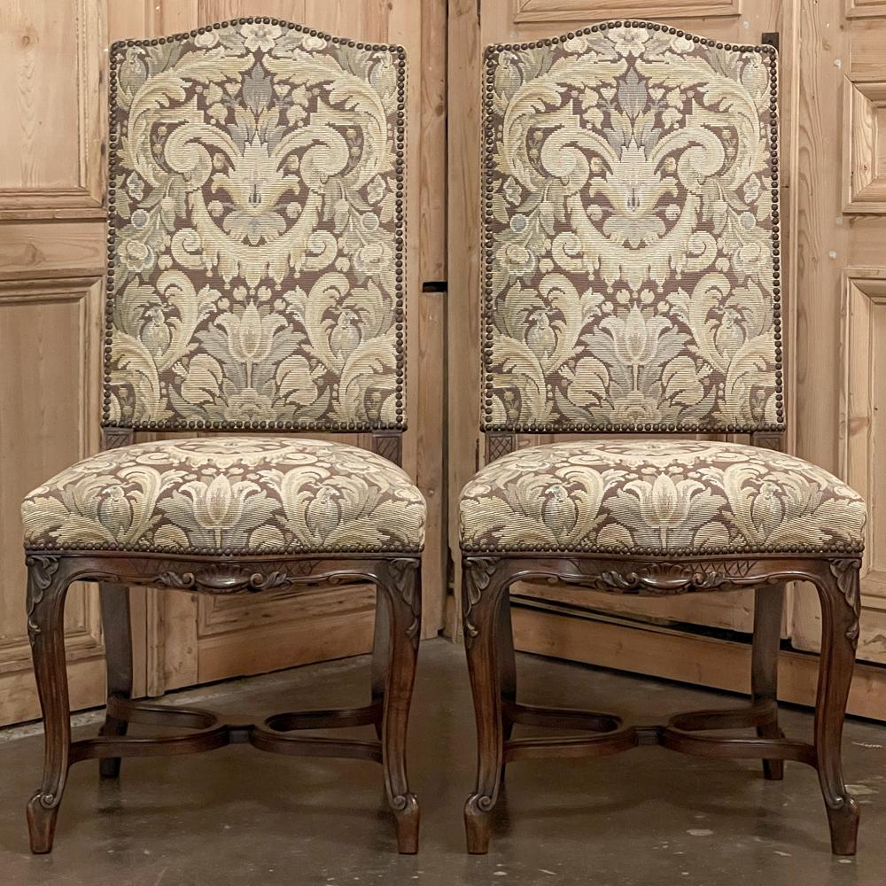Pair Antique French Louis XV Side Chairs with Tapestry Upholstery For Sale 1
