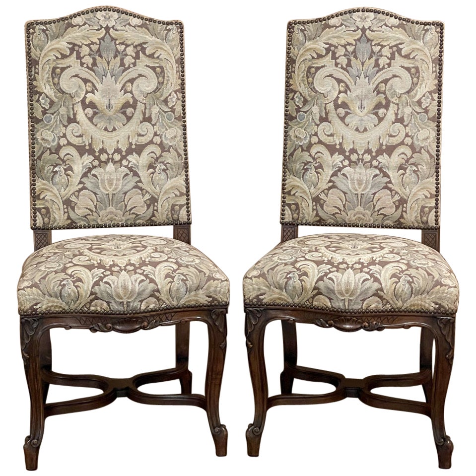 Pair Antique French Louis XV Side Chairs with Tapestry Upholstery