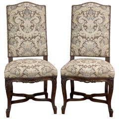 Pair Antique French Louis XV Side Chairs with Tapestry Upholstery