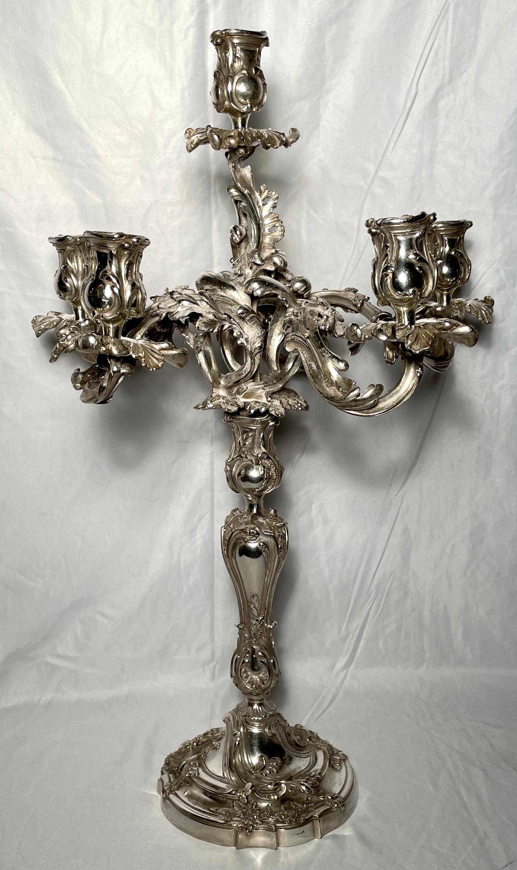 Pair antique French Louis XV silvered bronze candelabra, circa 1880.
