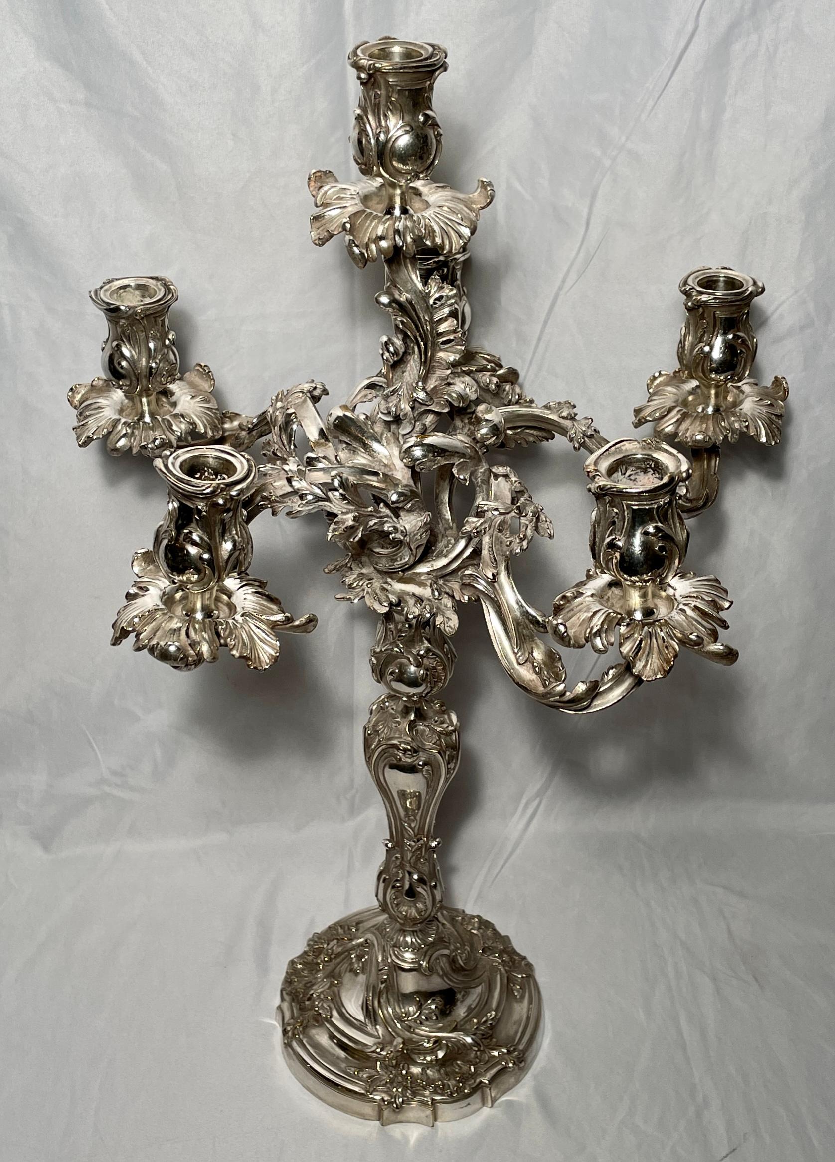 Pair Antique French Louis XV Silvered Bronze Candelabra, circa 1880 In Good Condition For Sale In New Orleans, LA