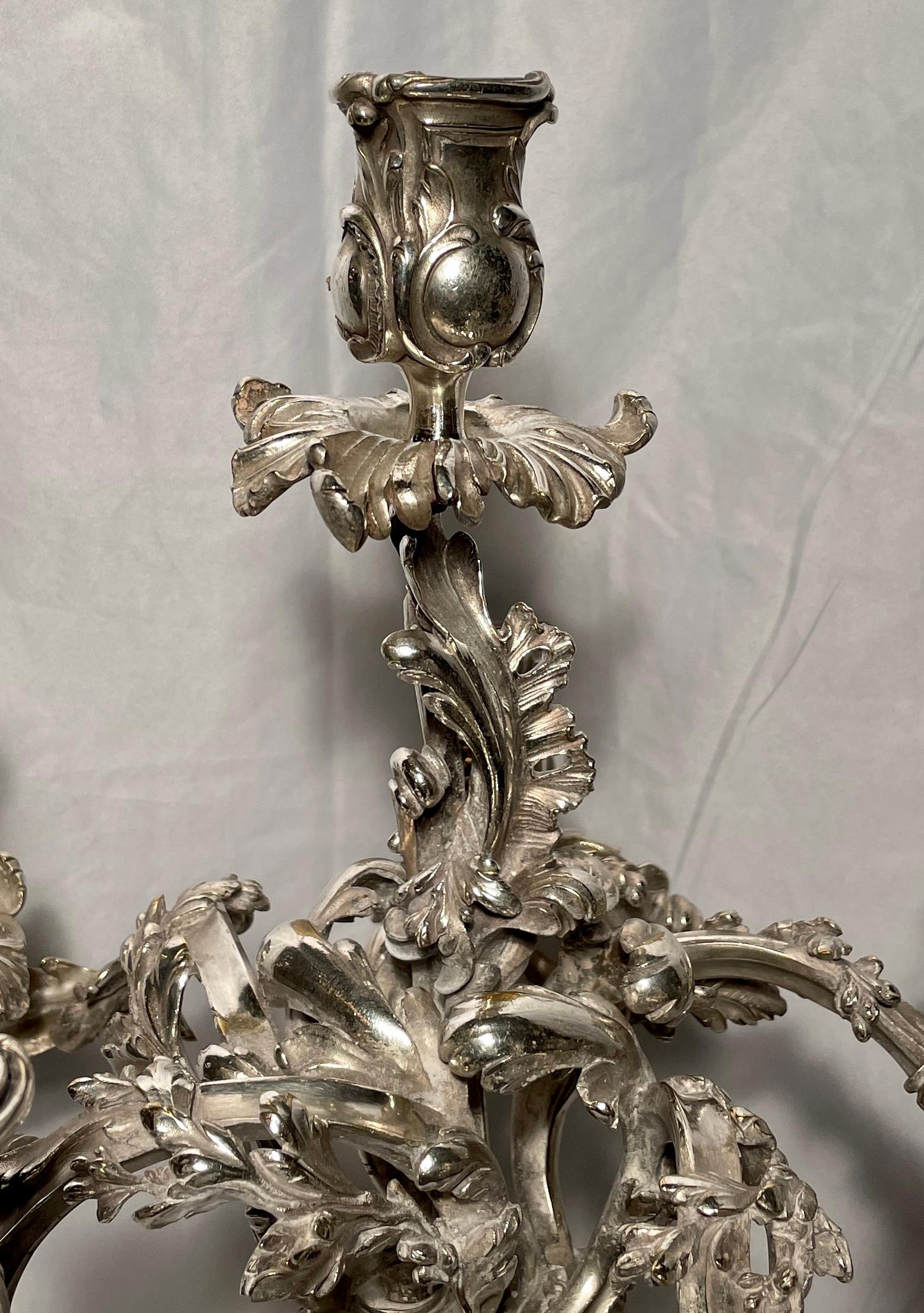 19th Century Pair Antique French Louis XV Silvered Bronze Candelabra, circa 1880 For Sale