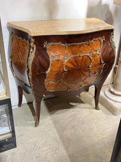 Pair Antique French Louis XV Style Bombe Marble Top Commodes