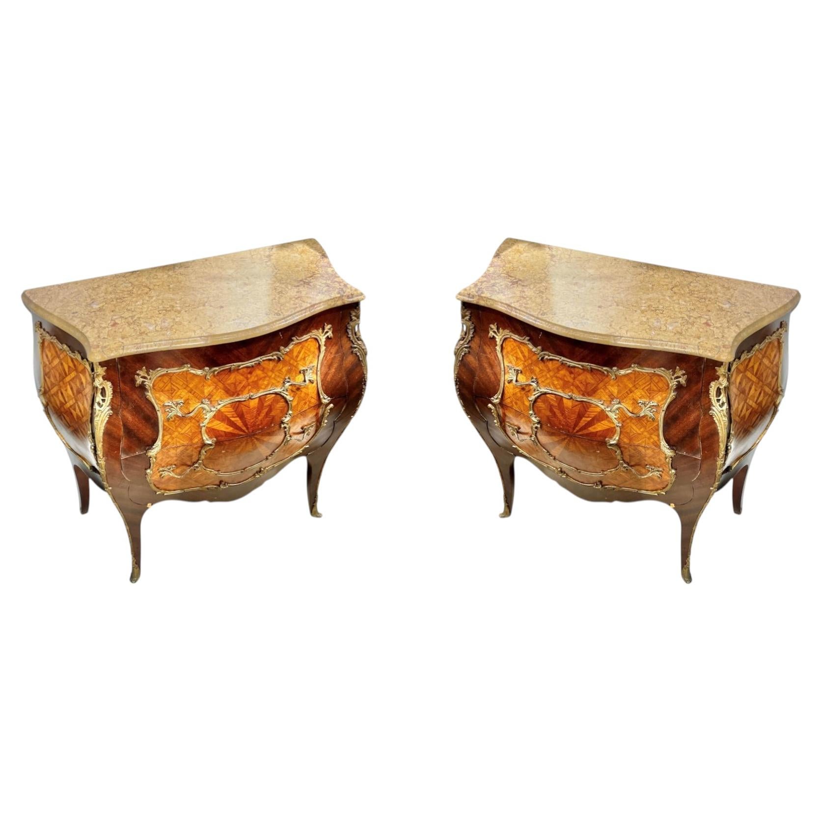 Pair Antique French Louis XV Style Bombe Marble Top Commodes