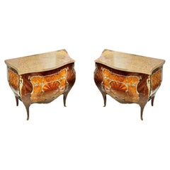 Pair Antique French Louis XV Style Bombe Marble Top Commodes