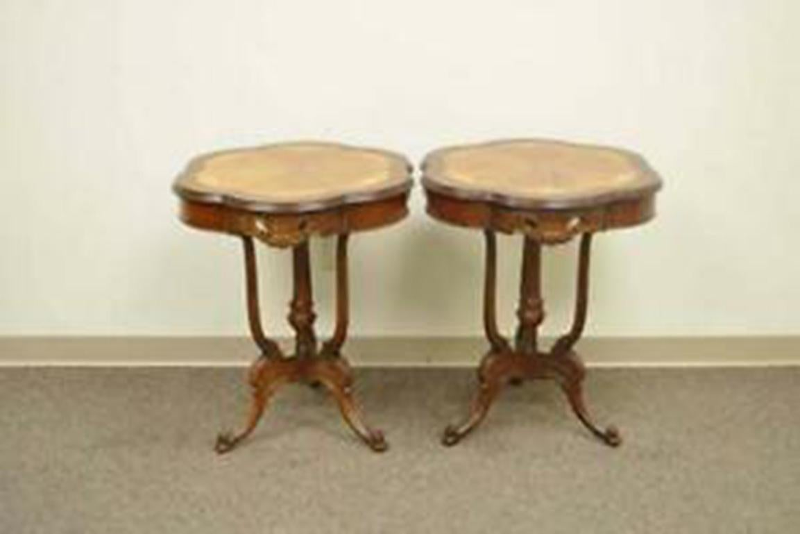 Pair Antique French Louis XV Style Floral Satinwood Inlay Walnut Lamp End Tables For Sale 4