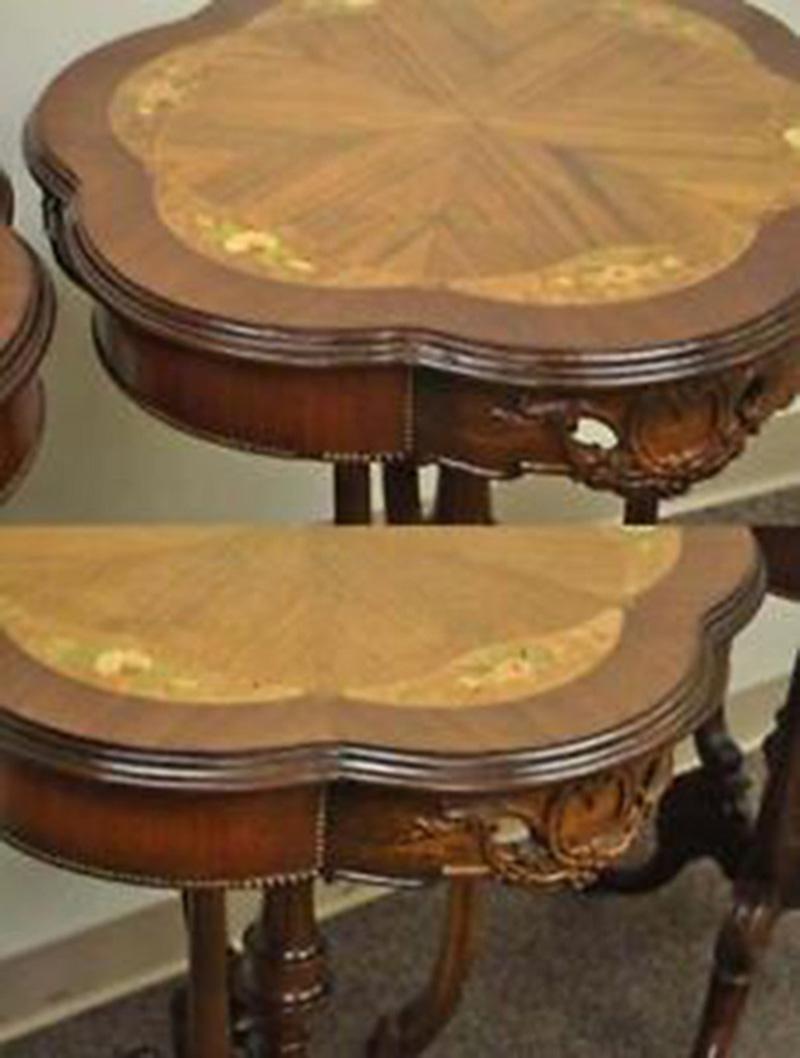 Pair Antique French Louis XV Style Floral Satinwood Inlay Walnut Lamp End Tables For Sale 2