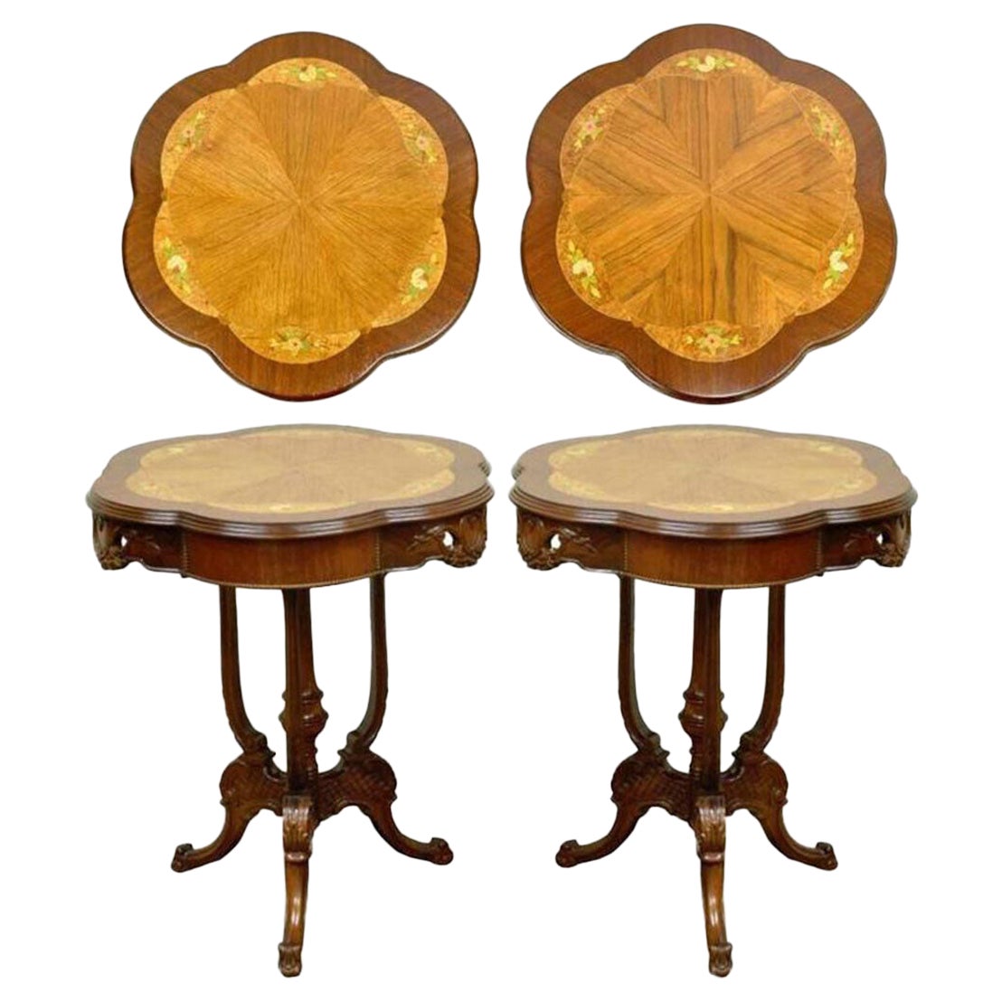 Pareja Antique French Louis XV Style Floral Satinwood Inlay Walnut Lamp End Tables en venta