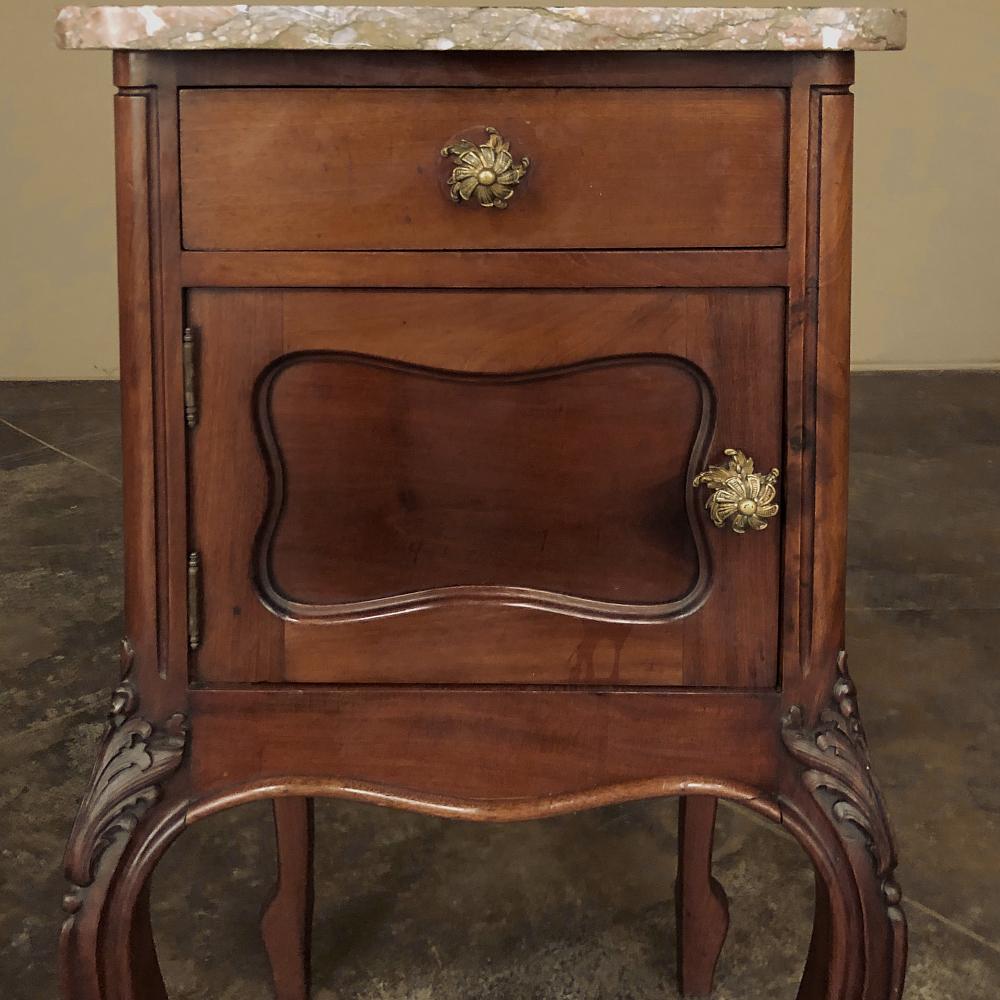 Pair Antique French Louis XV Walnut Marble Top Nightstands For Sale 2