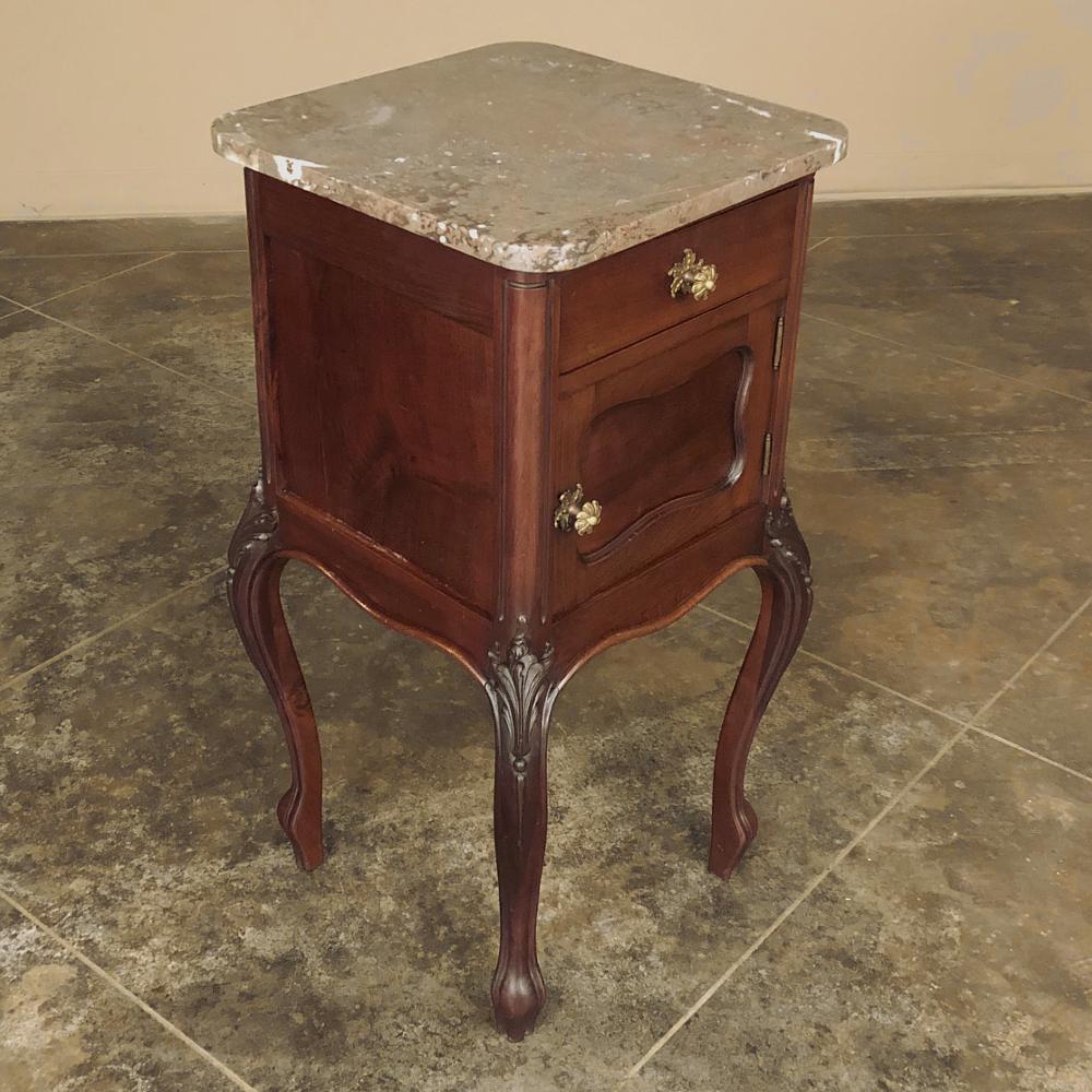 Pair Antique French Louis XV Walnut Marble Top Nightstands For Sale 3