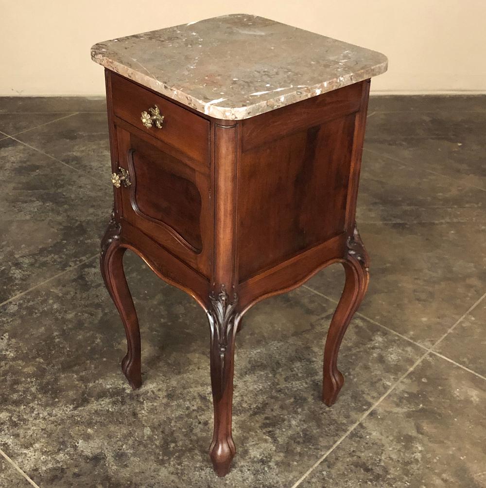 Pair Antique French Louis XV Walnut Marble Top Nightstands For Sale 6
