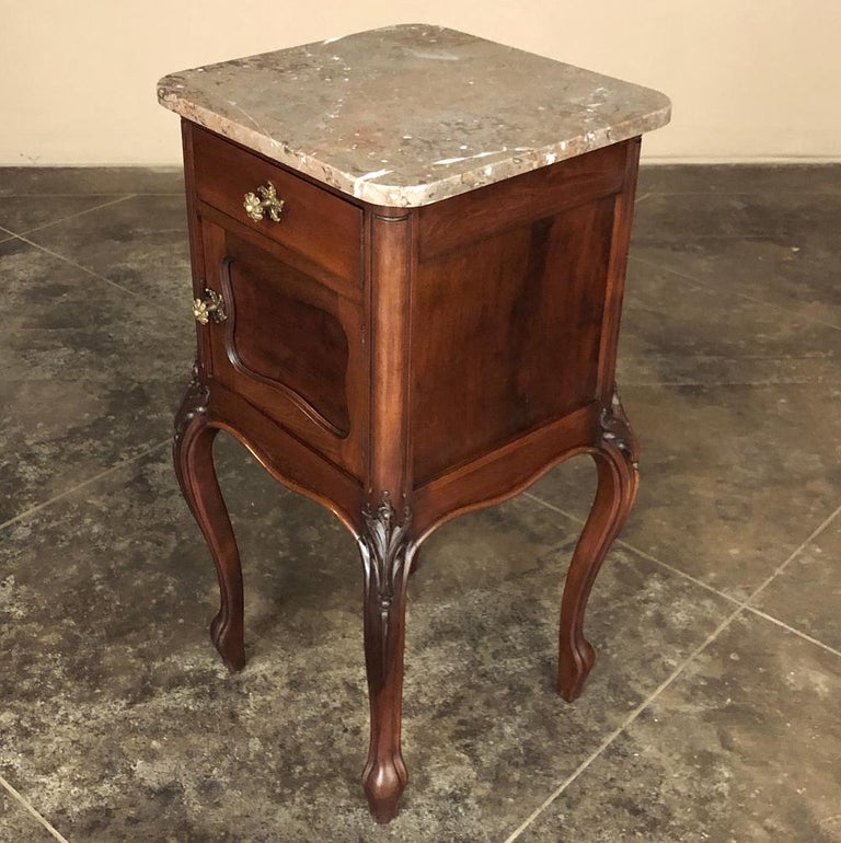 Pair Antique French Louis XV Walnut Marble Top Nightstands For Sale at
