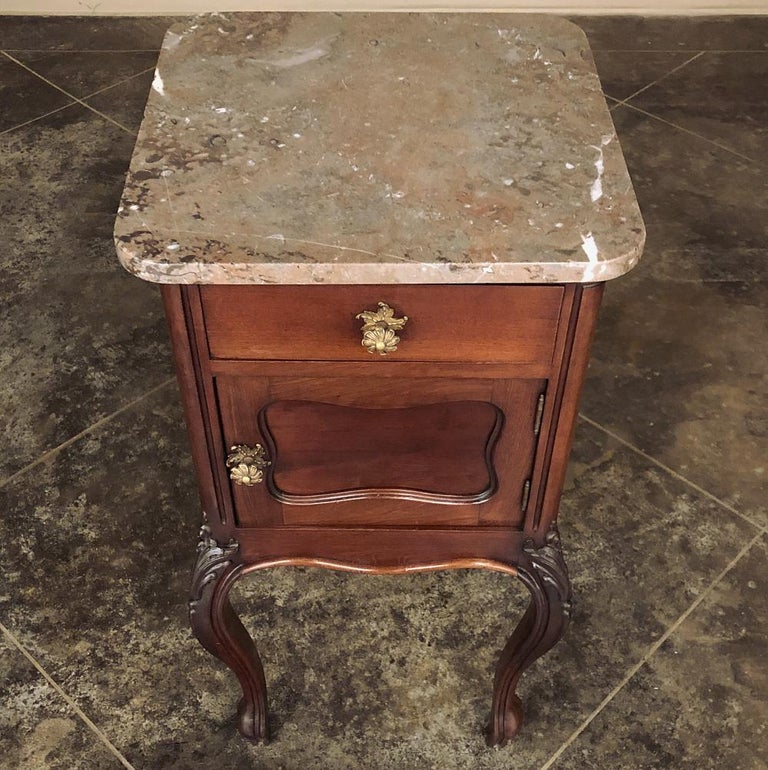 Pair Antique French Louis XV Walnut Marble Top Nightstands For Sale at