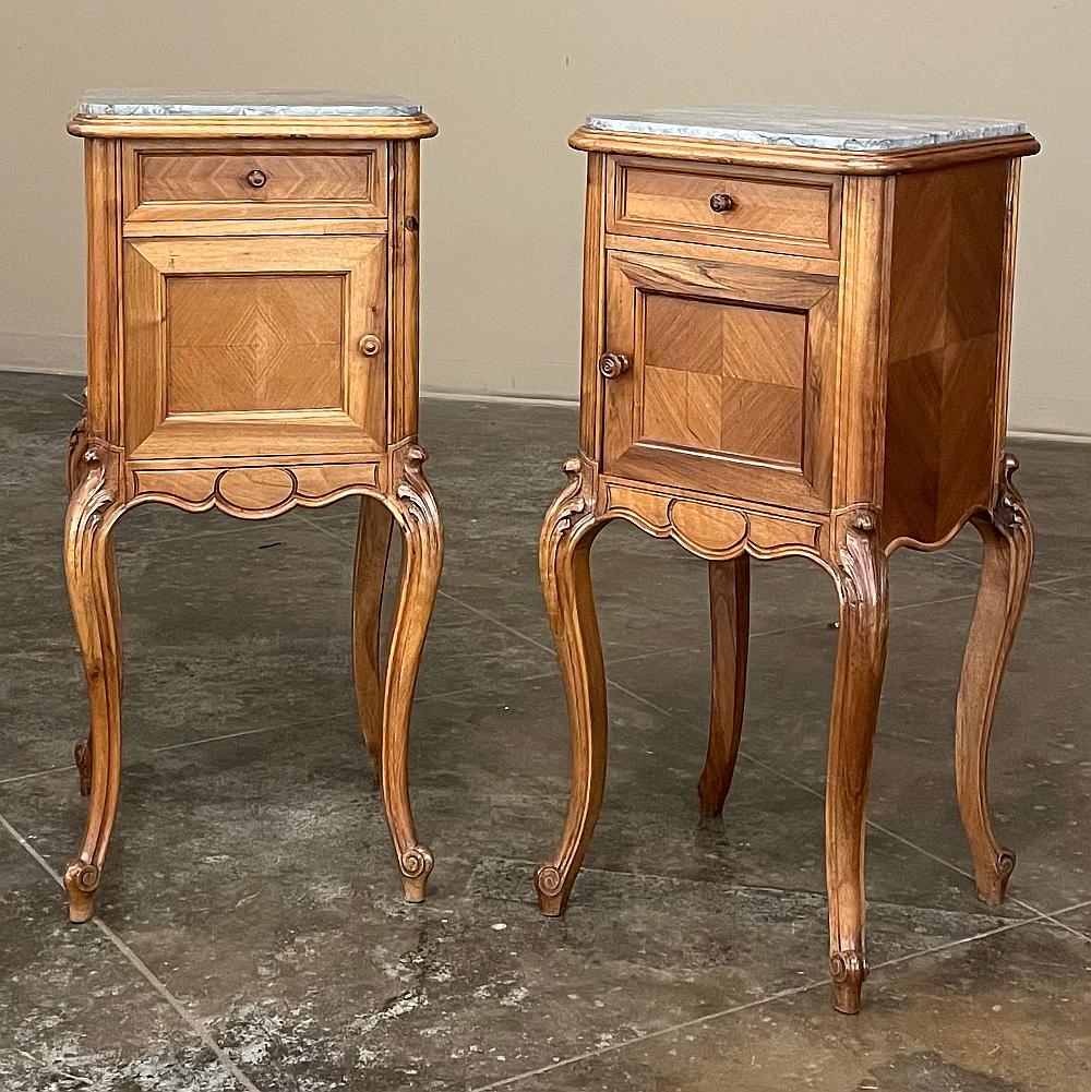 Hand-Crafted Pair Antique French Louis XV Walnut Marble Top Nightstands For Sale