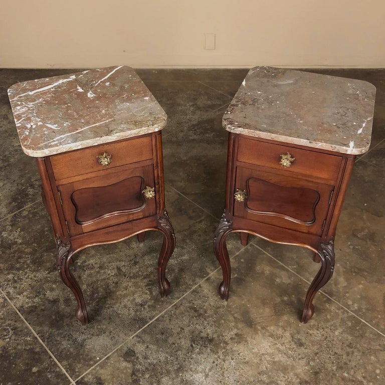 Pair Antique French Louis XV Walnut Marble Top Nightstands For Sale at