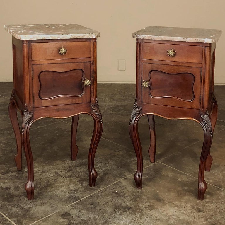Pair Antique French Louis XV Walnut Marble Top Nightstands For Sale at