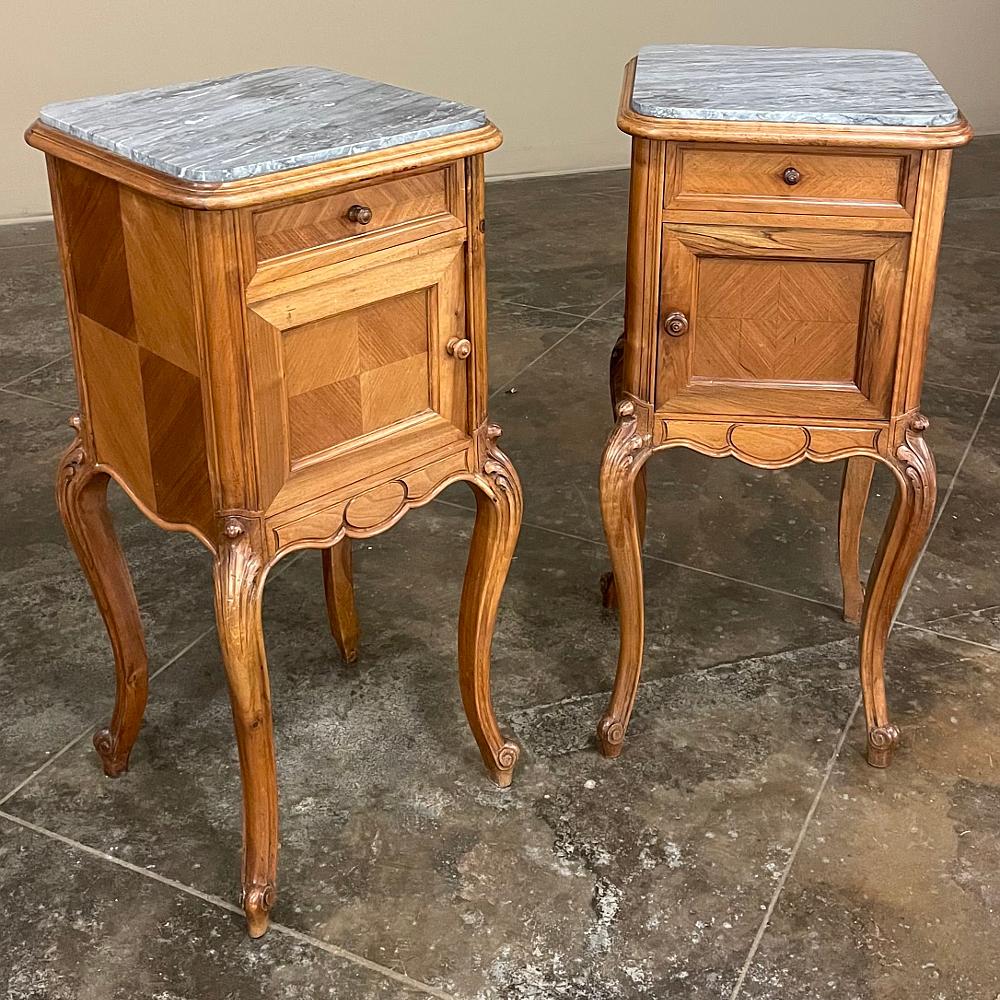 20th Century Pair Antique French Louis XV Walnut Marble Top Nightstands For Sale