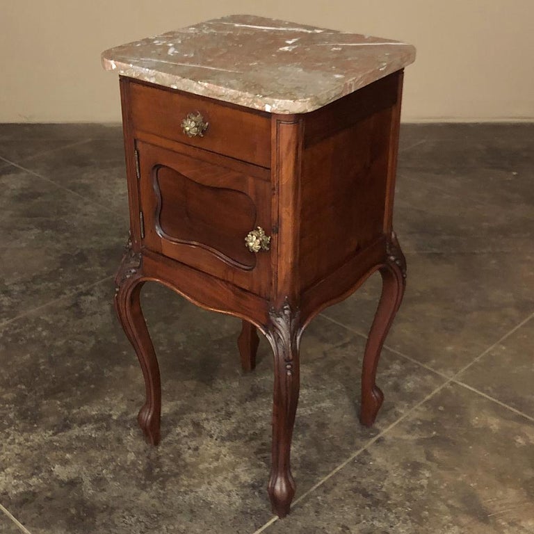 Pair Antique French Louis XV Walnut Marble Top Nightstands For Sale at