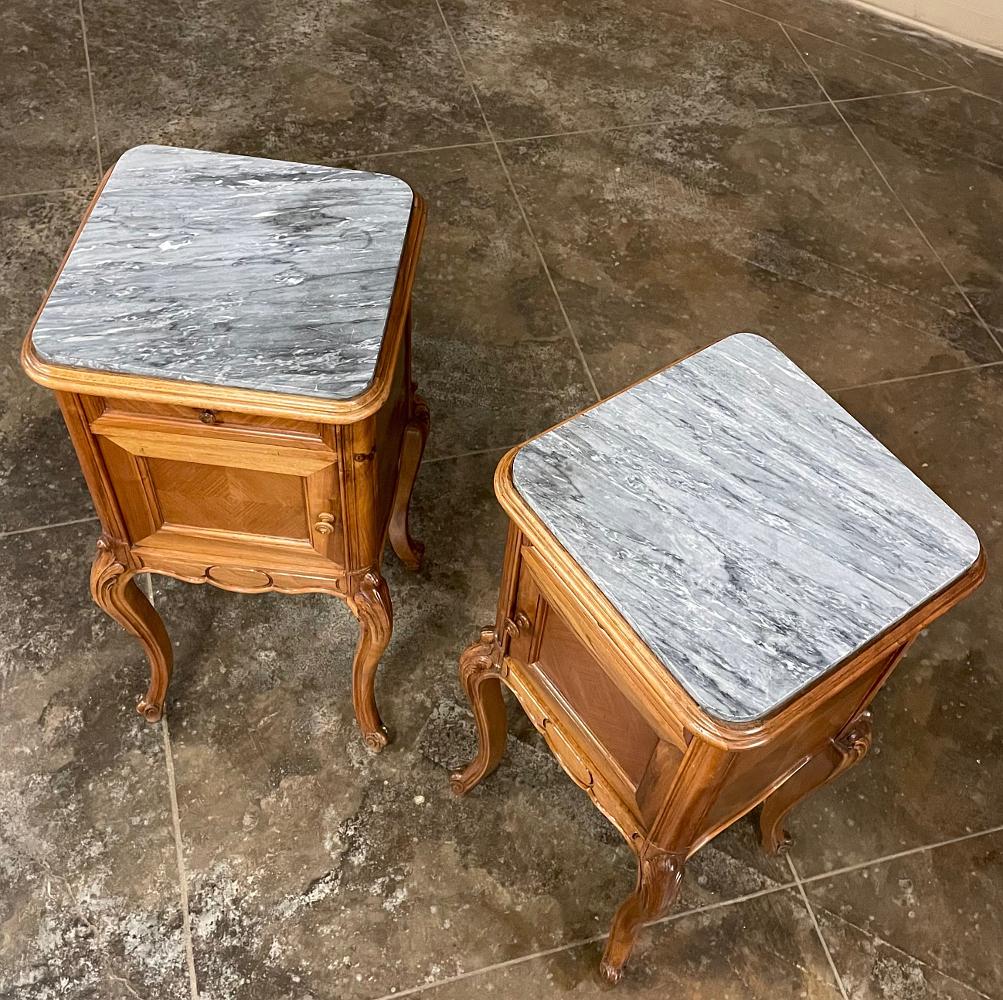 Porcelain Pair Antique French Louis XV Walnut Marble Top Nightstands For Sale