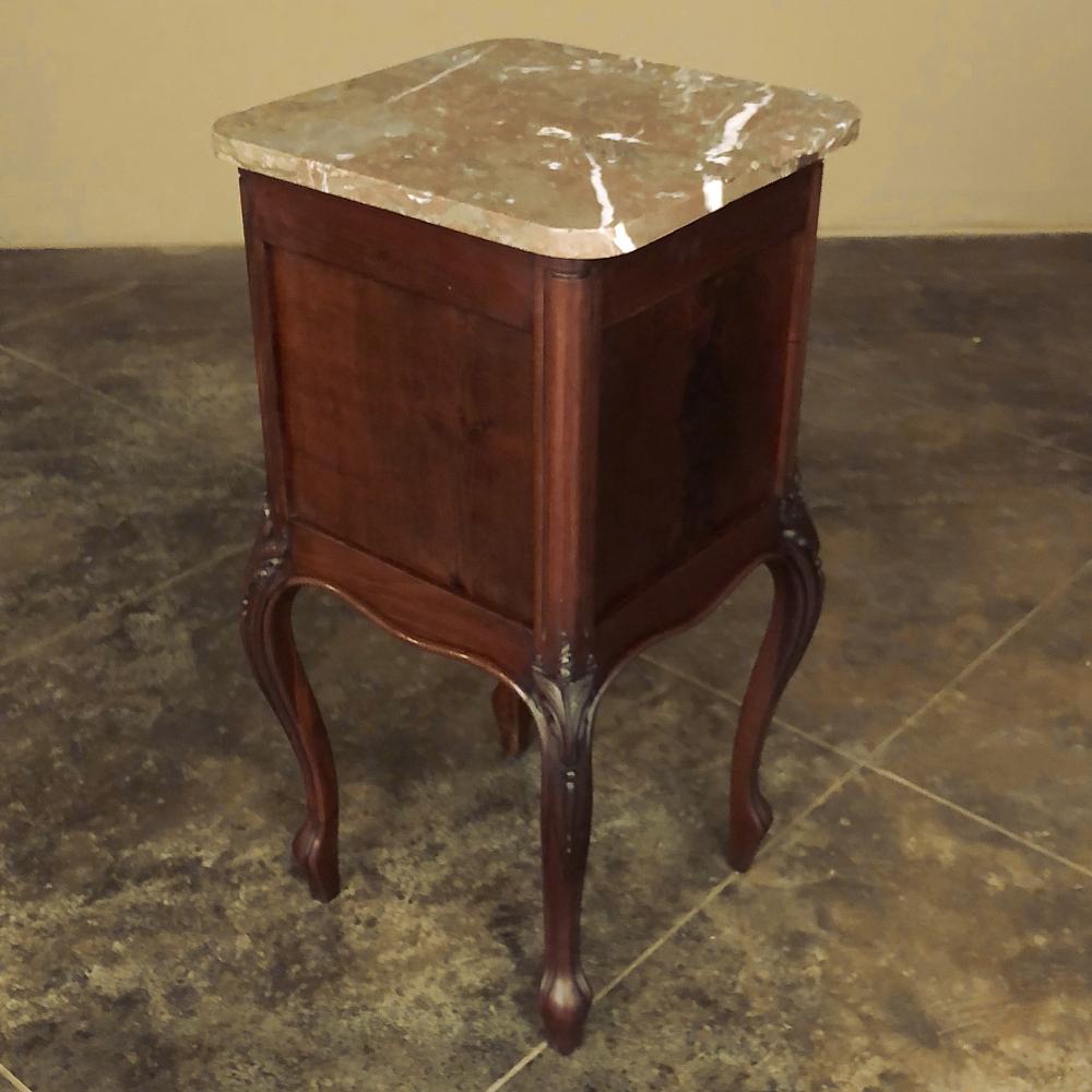 20th Century Pair Antique French Louis XV Walnut Marble Top Nightstands For Sale